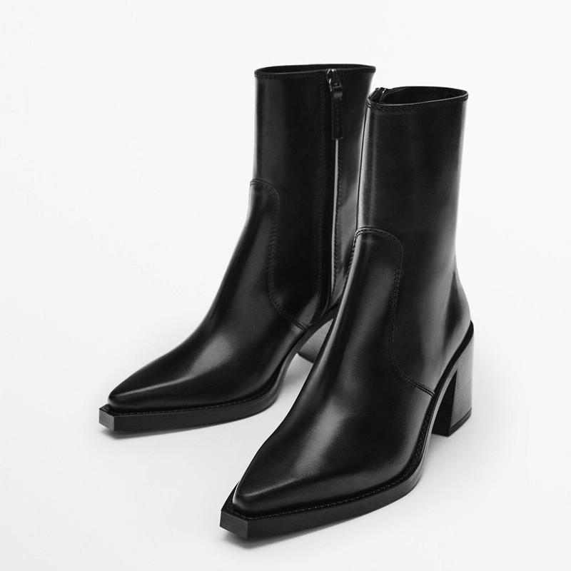 Genuine Leather Pointed-Toe Chunky-Heel Handmade Vintage Womens Boots foto 2