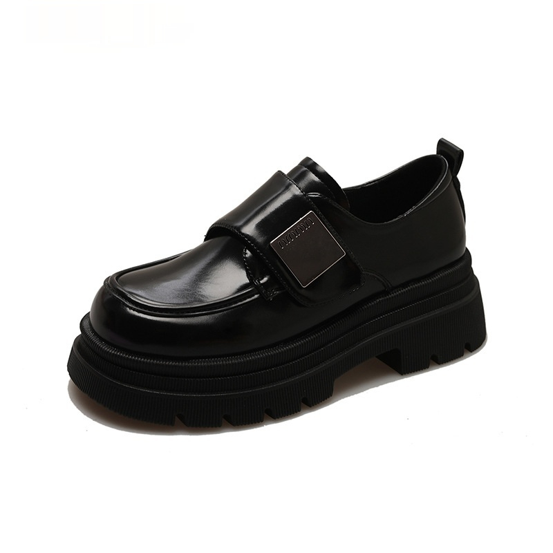 Women's Black Chunky Heel Leather Shoes British Style foto 5