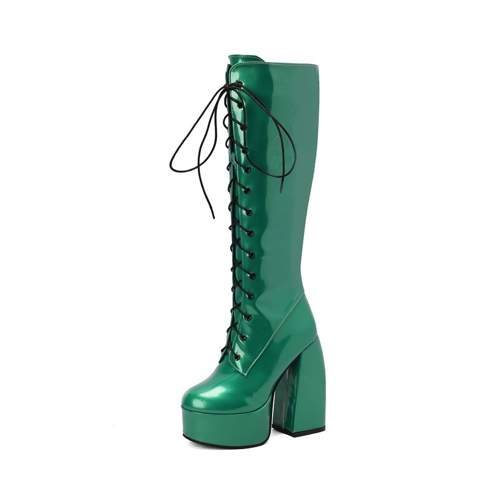 Womens Round-Toe Lace-Up Chunky-Heel Patent Leather Over-the-Knee Boots foto 4