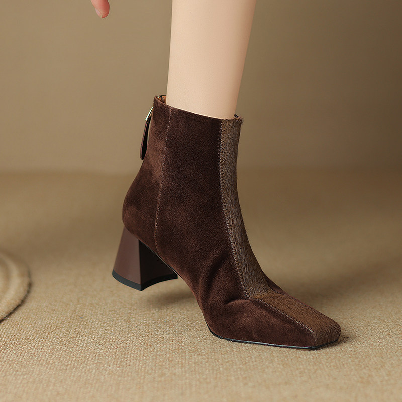 European And American-style Square-toe Chunky-heel Horsehair Short Boots In Winter Sheepskin foto 5