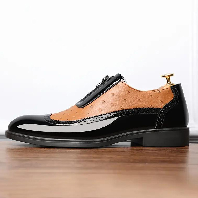 Ostrich Grain Embossed Zipper Pointed Plus Size Bright Leather Chelsea Men's Shoes foto 2
