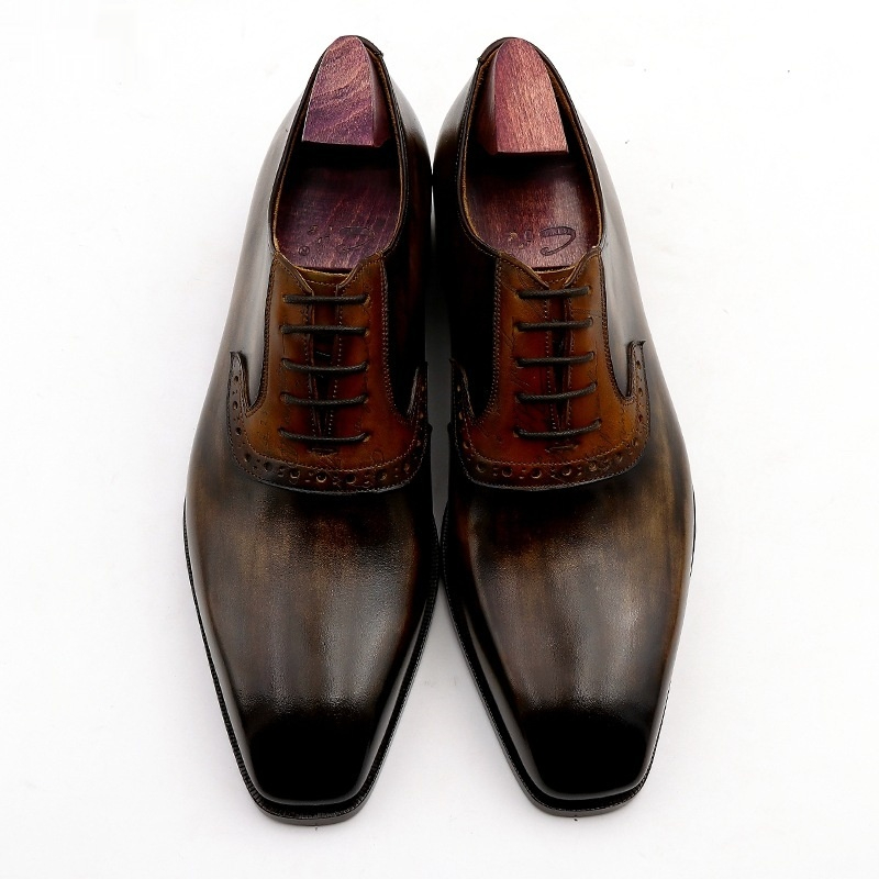 Cowhide Colorblock Handmade Calfskin Sole Lace Up Breathable Men's Shoes foto 4