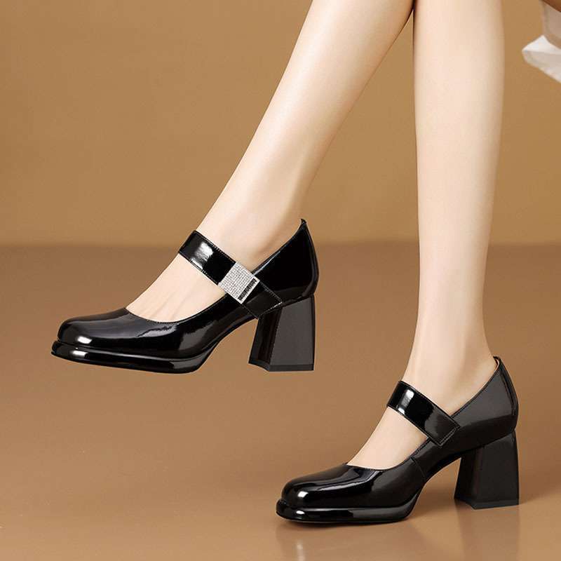 French-style Round-toe Low-cut Burgundy Mary Jane High Heels foto 5