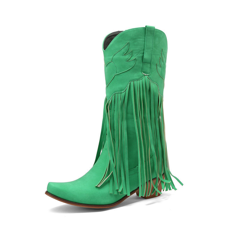Womens Retro Mid-Calf Chunky Heel Round-Toe Boots foto 4