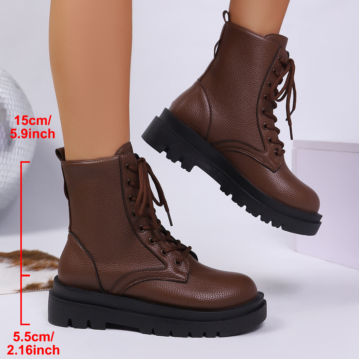 Women's Round-toe Plus-size Lace-up Chunky-sole Ankle Boots foto 2