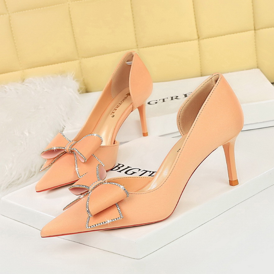 Women's Stiletto Low-cut Pointed Side Hollow Rhinestone Bow High Heels foto 3