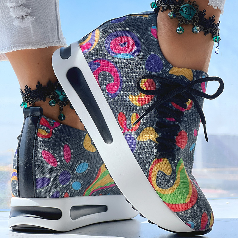 Women's Random Print Side Lace-Up Elastic Sport Shoes, Comfortable Slip-On Sneakers For Women, Casual Daily Wear Footwear foto 4