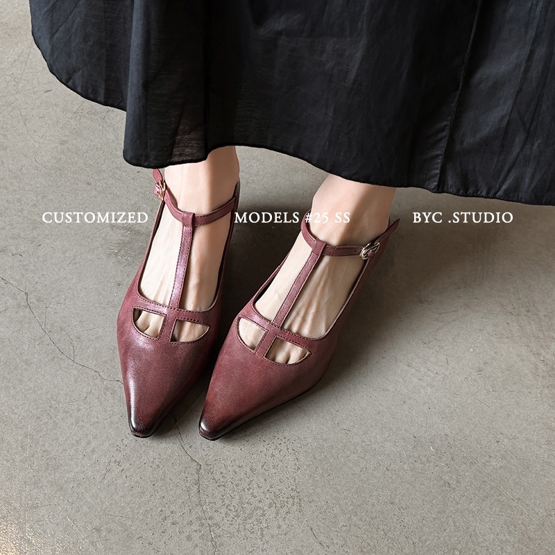 Women's Handmade Full-Grain Leather T-Strap Kitten Heel Pumps, Pointed Toe Mary Jane Shoes foto 3