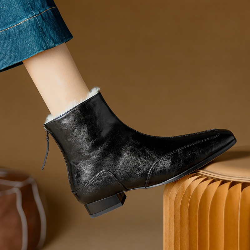 Women's Cowhide Square-toe Warm Fleece-lined Thick Wool Short Boots foto 5