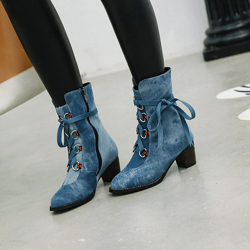 Womens Denim Winter Boots New Korean-Style Lace-Up Design foto 4