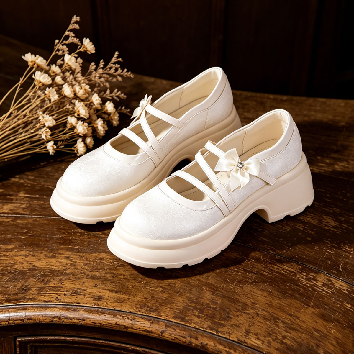 Sweet Bow Platform Mary Jane Shoes, Ivory Chunky Sole Pumps For Daily Wear foto 3
