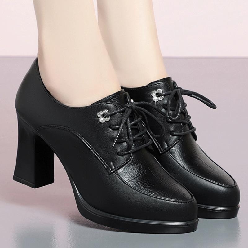 Fashionable And Versatile Womens Soft-leather Chunky-heel Shoes Durable For Spring And Autumn In A New Chinese Style foto 2