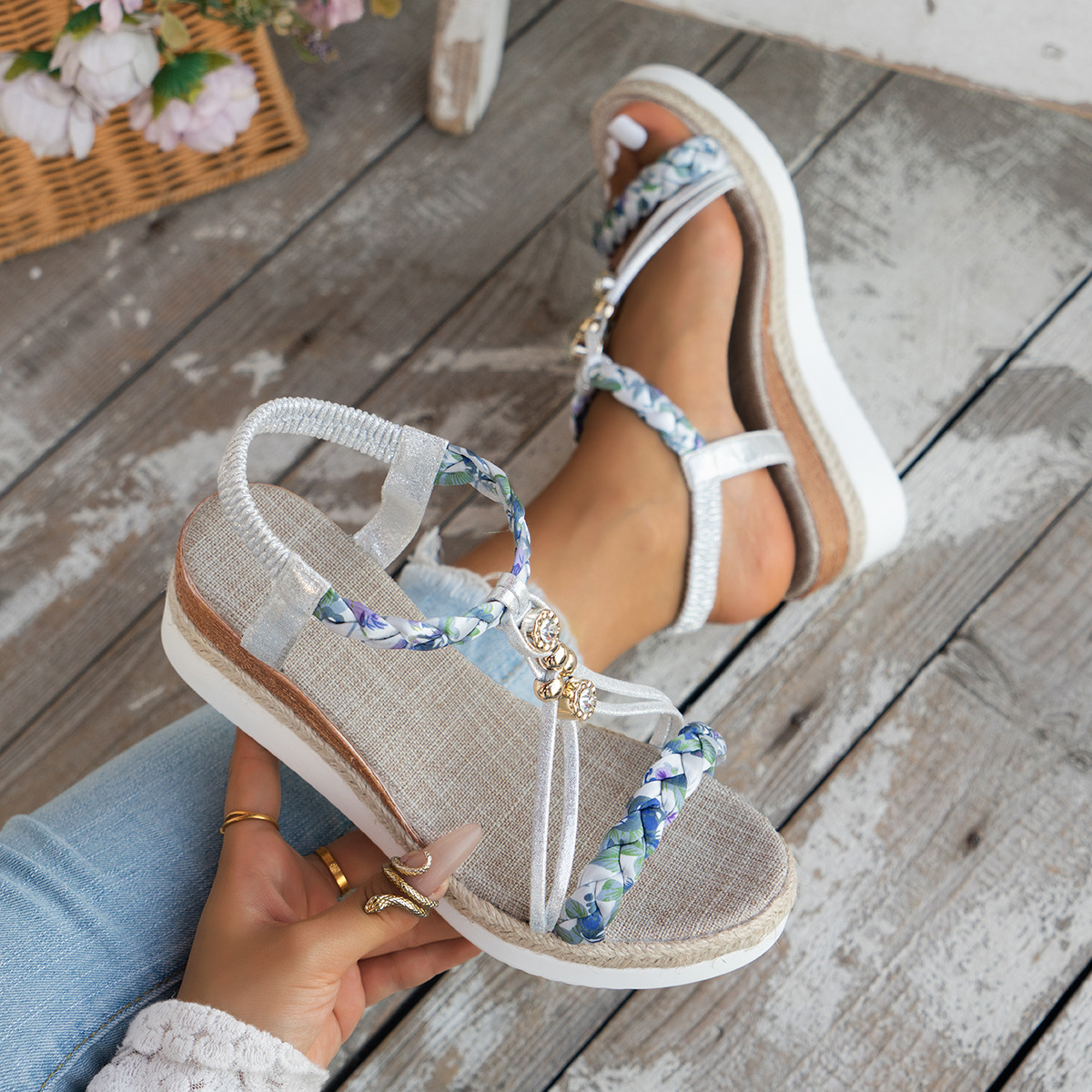 Rhinestone Ornament Wedge Stylish Beach Women's Elastic Strap Sandals foto 4