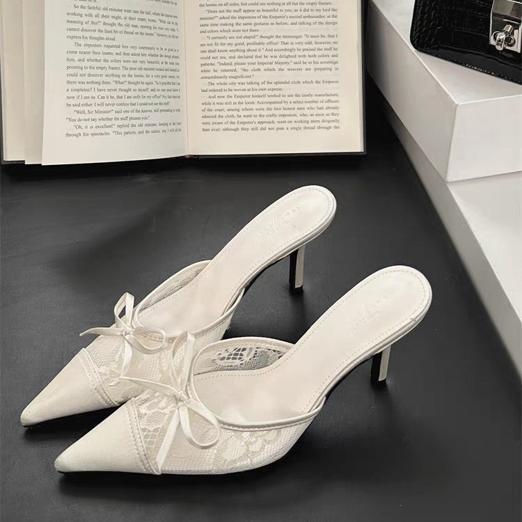 Women's Lace Pointed Toe Bowknot High Heels foto 5
