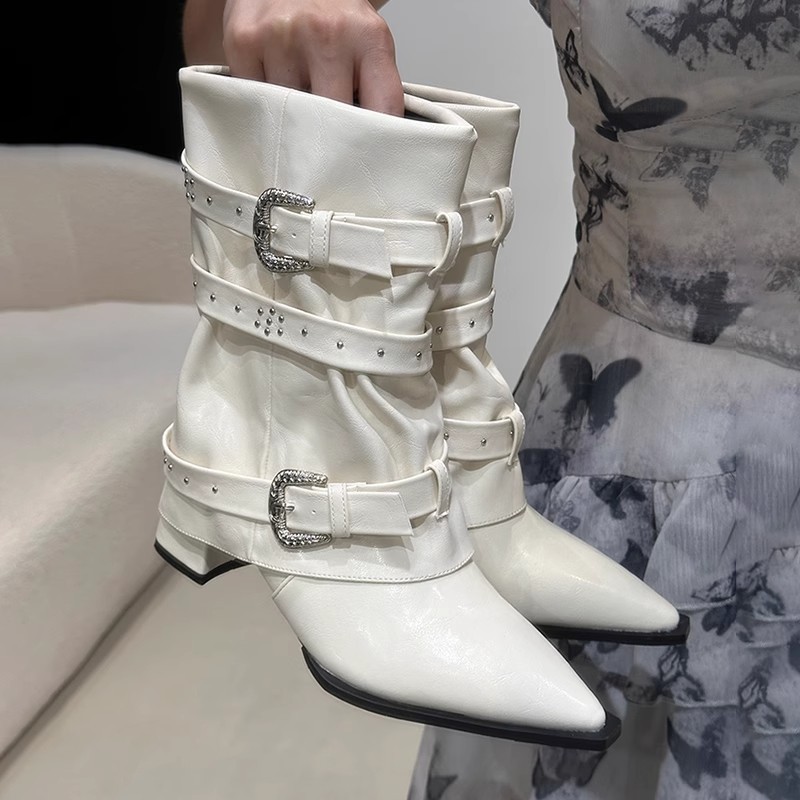 High-heeled Elegant Shaft-style Studded Belt-buckle Fashion Ankle Boots foto 3