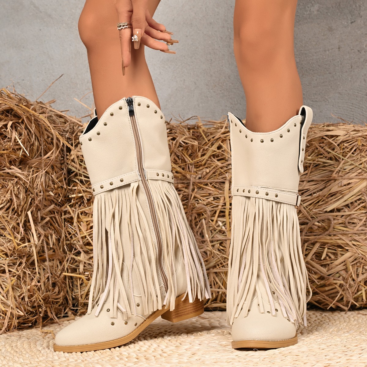 Western Cowboy Women's Boots Belt Buckle Rivet Tassel Big Middle Boots foto 2