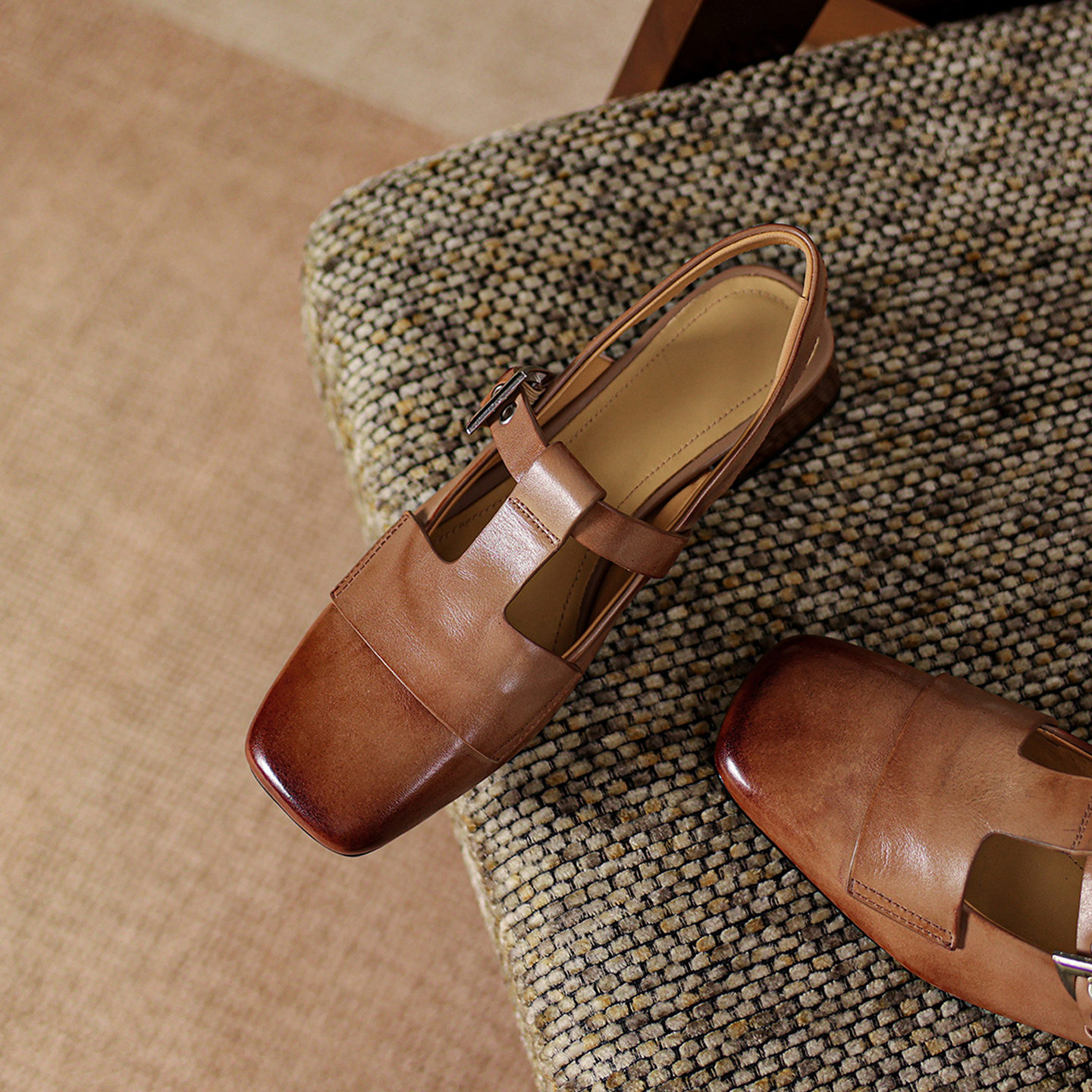 Women's Handmade Full-Grain Leather T-Strap Slingback Mary Jane Sandals, Square-Toe Block Heel Shoes foto 4
