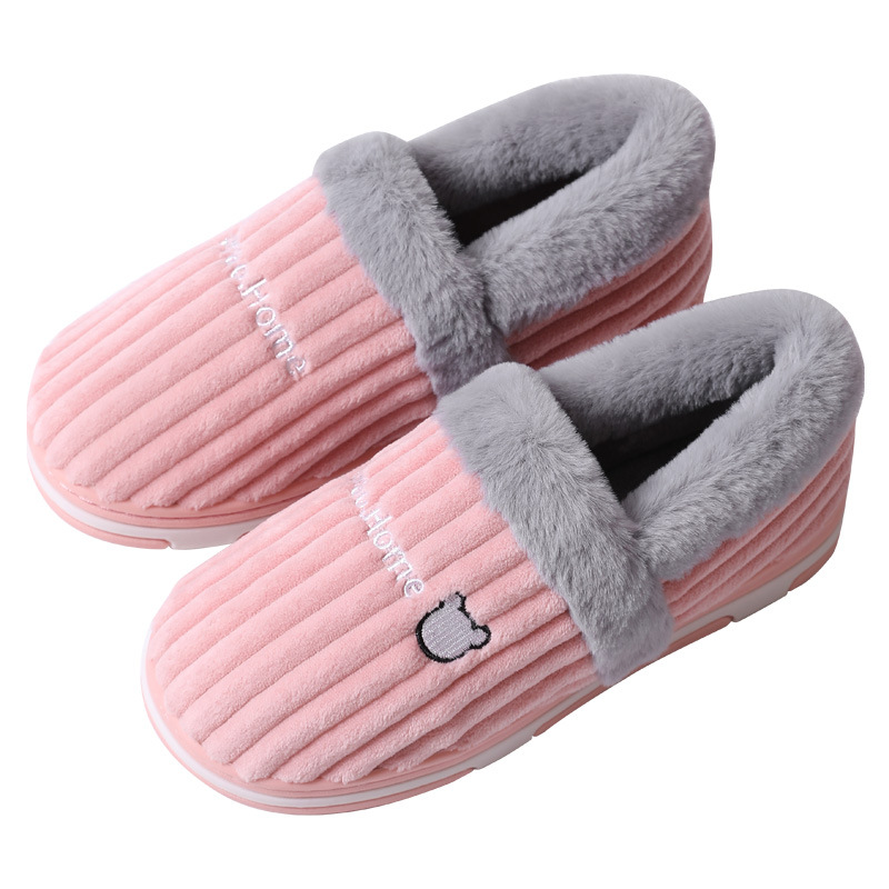 Corduroy Striped Faux Rabbit-Fur Slippers For Couples foto 2