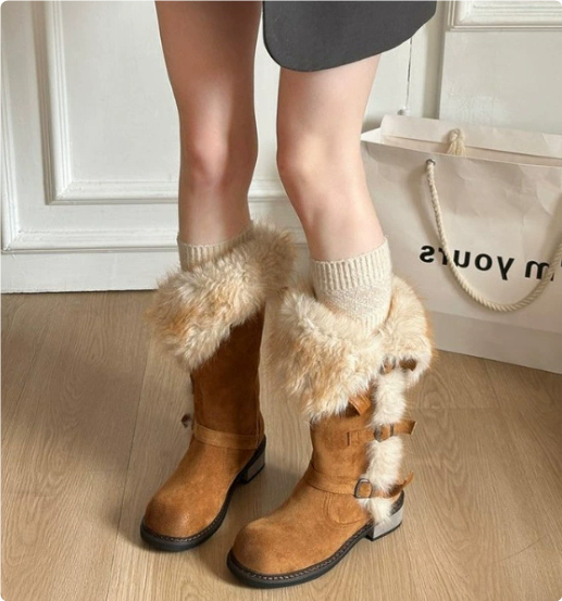 New Winter Retro Chic All-Match Leather-Buckle High-Top Furry Snow Boots For Women foto 5