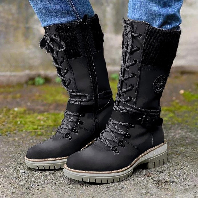 Round-toe Square-heel Leather-buckle Knit-mesh Dr Martens-style Boots foto 5