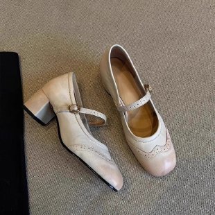 Carved High Heels Female Square Toe Genuine Leather All-match foto 4