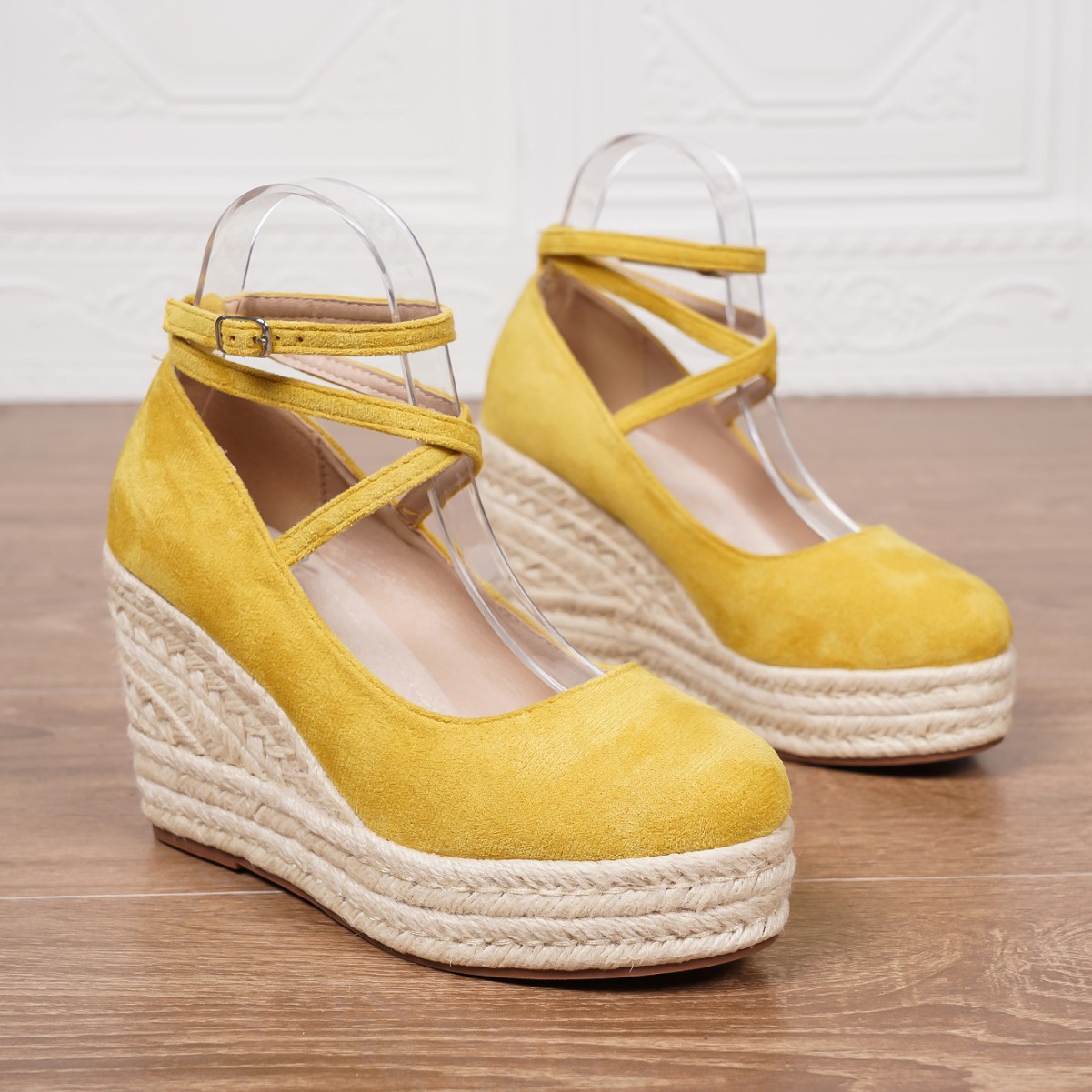 Solid Color Women's Ankle Strap Straw Woven Wedge Platform Shoes foto 3