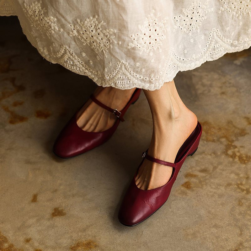 Women's Washed Full Grain Leather Mary Jane Mules, Low Heel Square Toe Slide Sandals foto 2