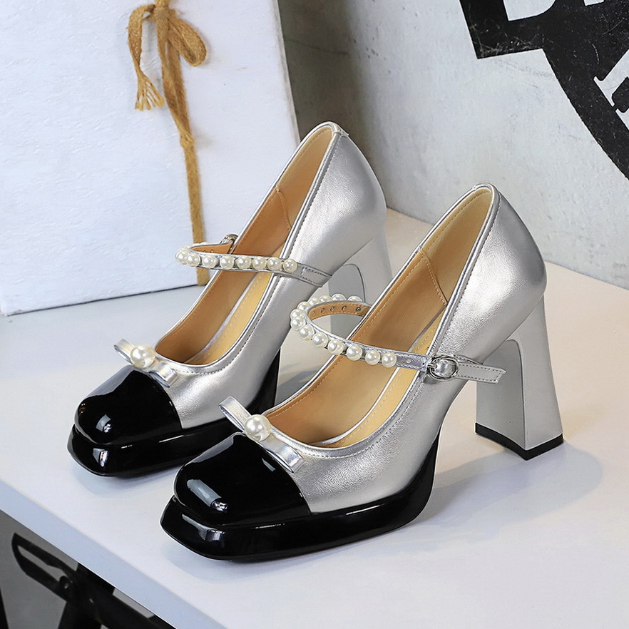 French Retro Style Color-Block Square-Toe Chunky Heel Shoes For Women foto 2