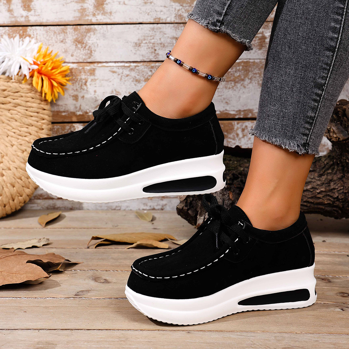 European And American-style Thick-soled Loafers With Front Laces And A Wedge Heelcasual Single-layer Shoes foto 2