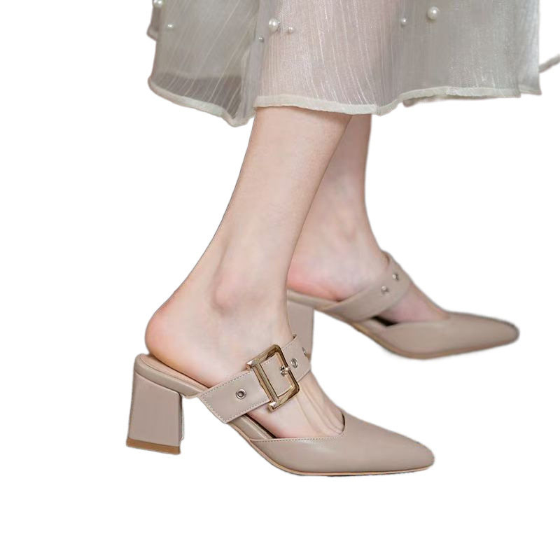 Womens Korean-style Pointed-toe Chunky-heel Closed-toe Slippers foto 5