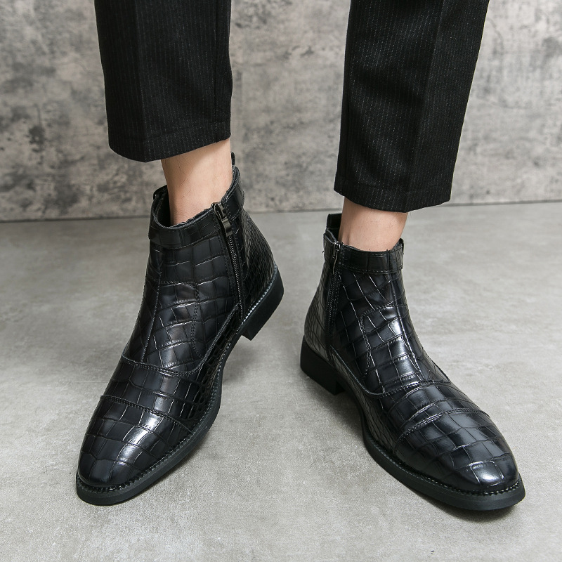 Men's Crocodile Pattern Boots Fashion Pointed Toe Low Square Heel Buckle Zipper Ankle Boots Business Formal Leather Shoes foto 3
