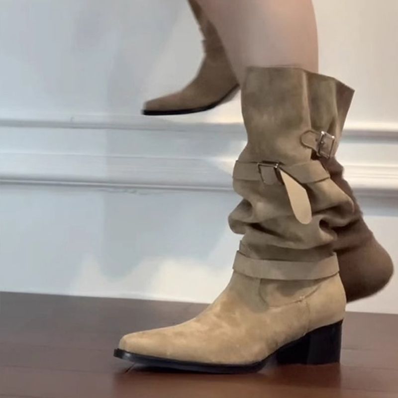 Autumn Khaki Suede Pointed-Toe Boots With Chunky Heels For Women foto 2