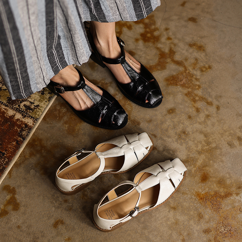 Women's Washed Full-Grain Leather Fisherman Sandals, Handmade Woven T-Strap Block Heel Shoes