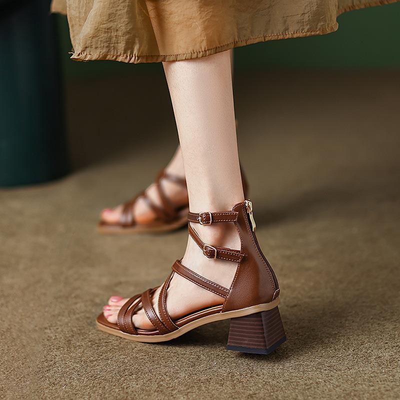 Brown Strappy Heels Vintage Stiletto-Strap Roman Sandals For Women