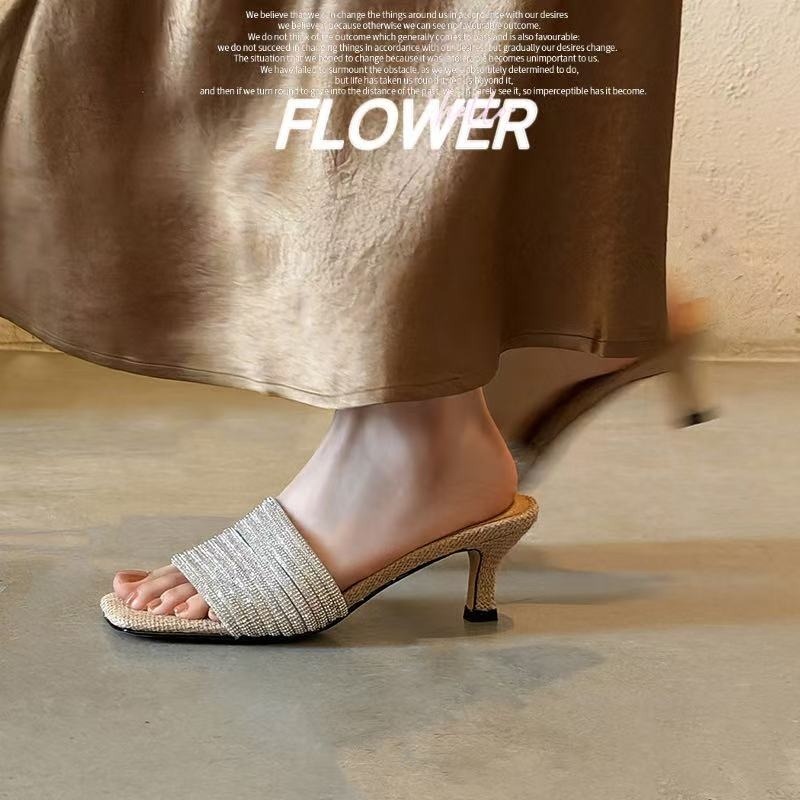 Luxury Handcrafted Rhinestone-Embellished Mule Sandals, Women's Square Toe Kitten Heel Slides With Premium Pigskin Lining foto 2