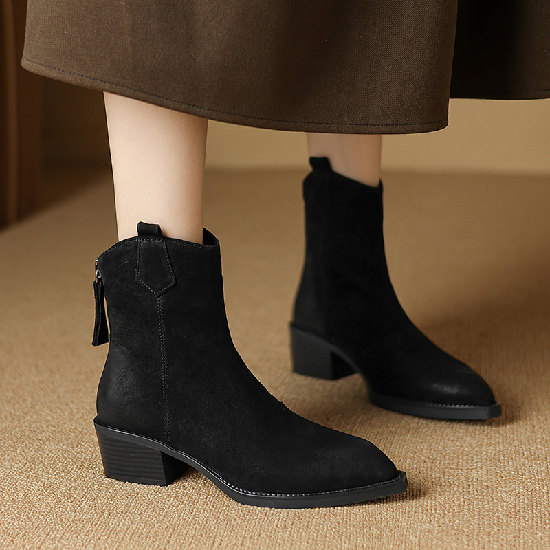 Women's Martin Boots Retro Light Brown Pointed Toe Chunky Heel Ankle Boots Winter New Style