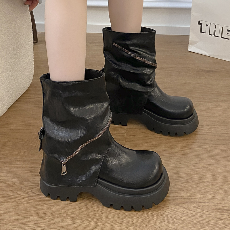 Brown Maillard-effect Thick-soled Autumn Height-increasing Baggy-trousered Boots foto 3
