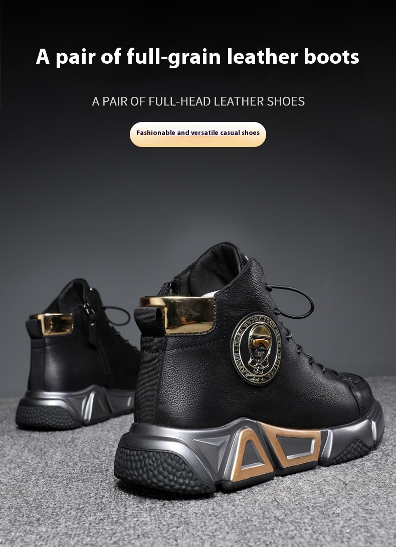 Top Layer Cowhide High-top Shoes Black Cotton Casual Leather Shoes foto 4