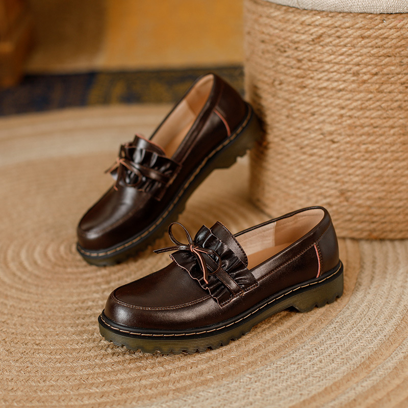 British Style Round Head Chunky Heel Small Leather Shoes For Women foto 5