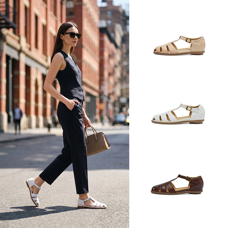 Retro Roman Closed Toe Leather Sandals, Premium Full Grain T-Strap Flats foto 3