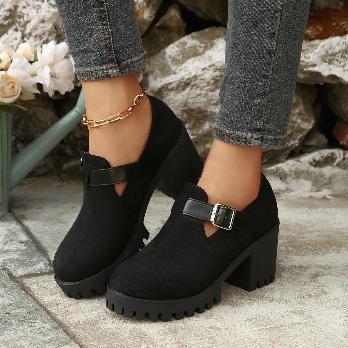 Womens Chunky Thick-soled Suede High Heels foto 4