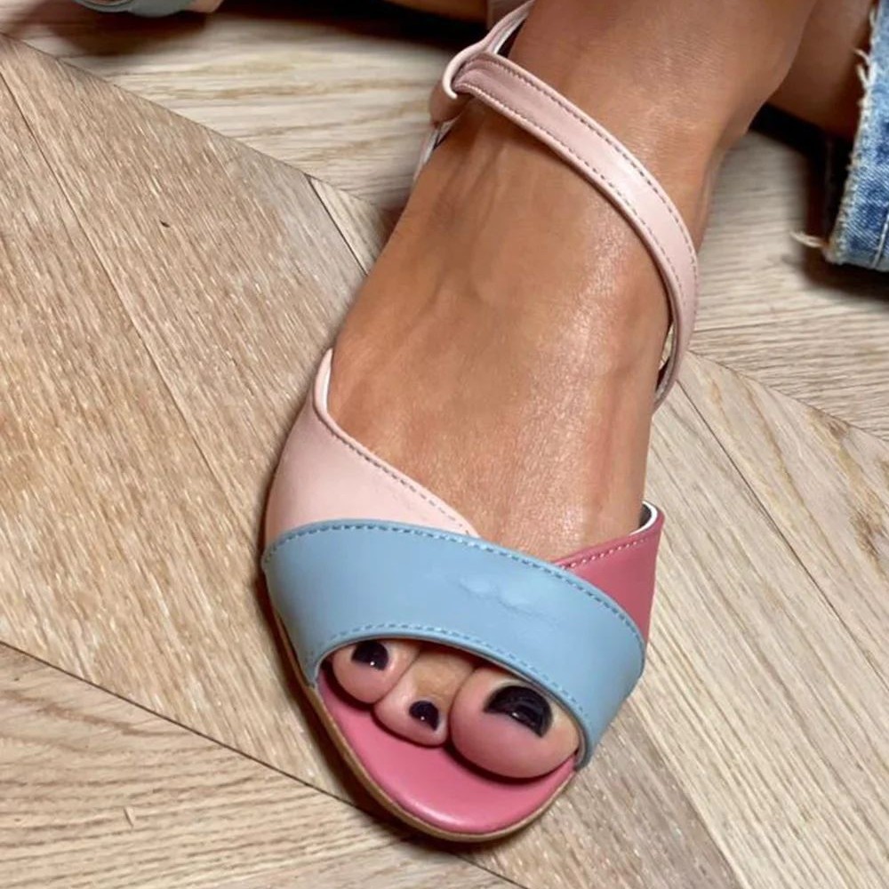 Color Block Open Toe Low Heel Buckle Preppy Style Sandals foto 4