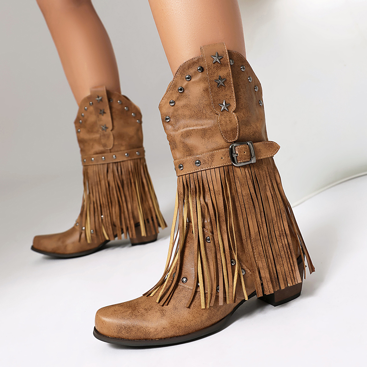 Autumn And Winter Tassel Women's Western Rivet Belt Buckle Tassel Middle Boots foto 3