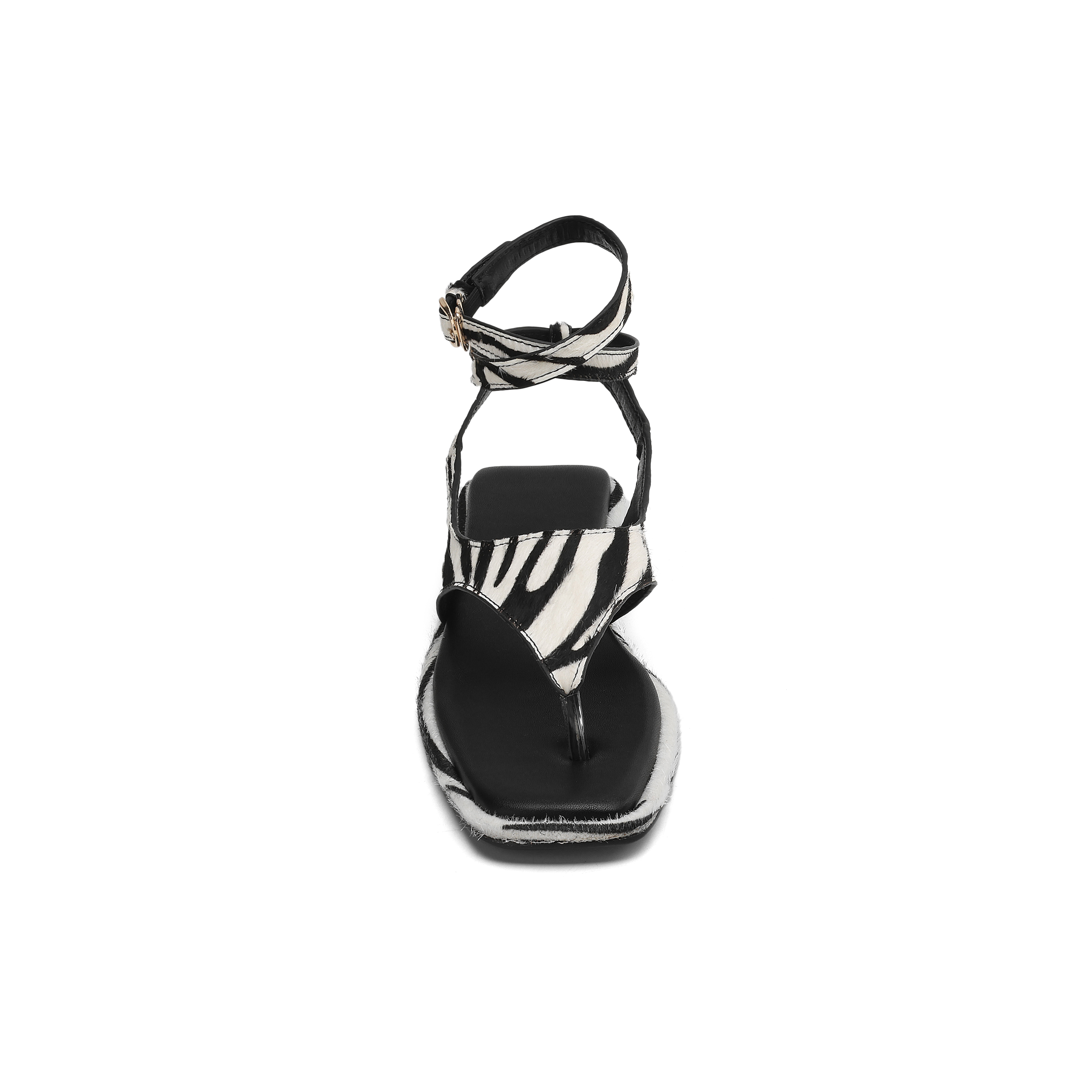 Women's Zebra Print Calf Hair Flat Sandals, Handmade Leather Thong Ankle Strap Shoes foto 4