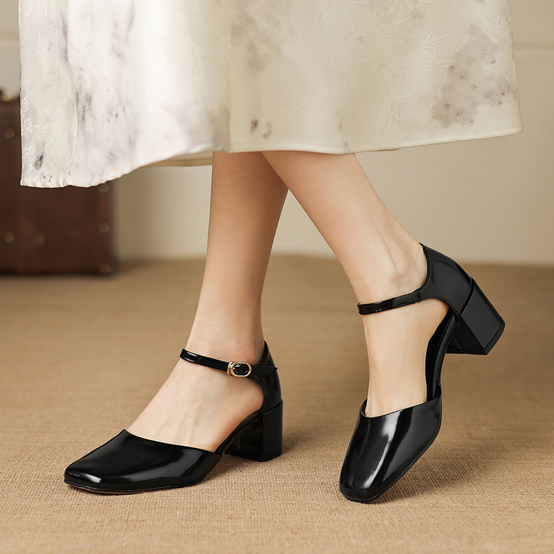 Women's Full-Grain Cowhide Mary Jane Block Heel Sandals, Handmade Leather Square Toe Heels foto 3