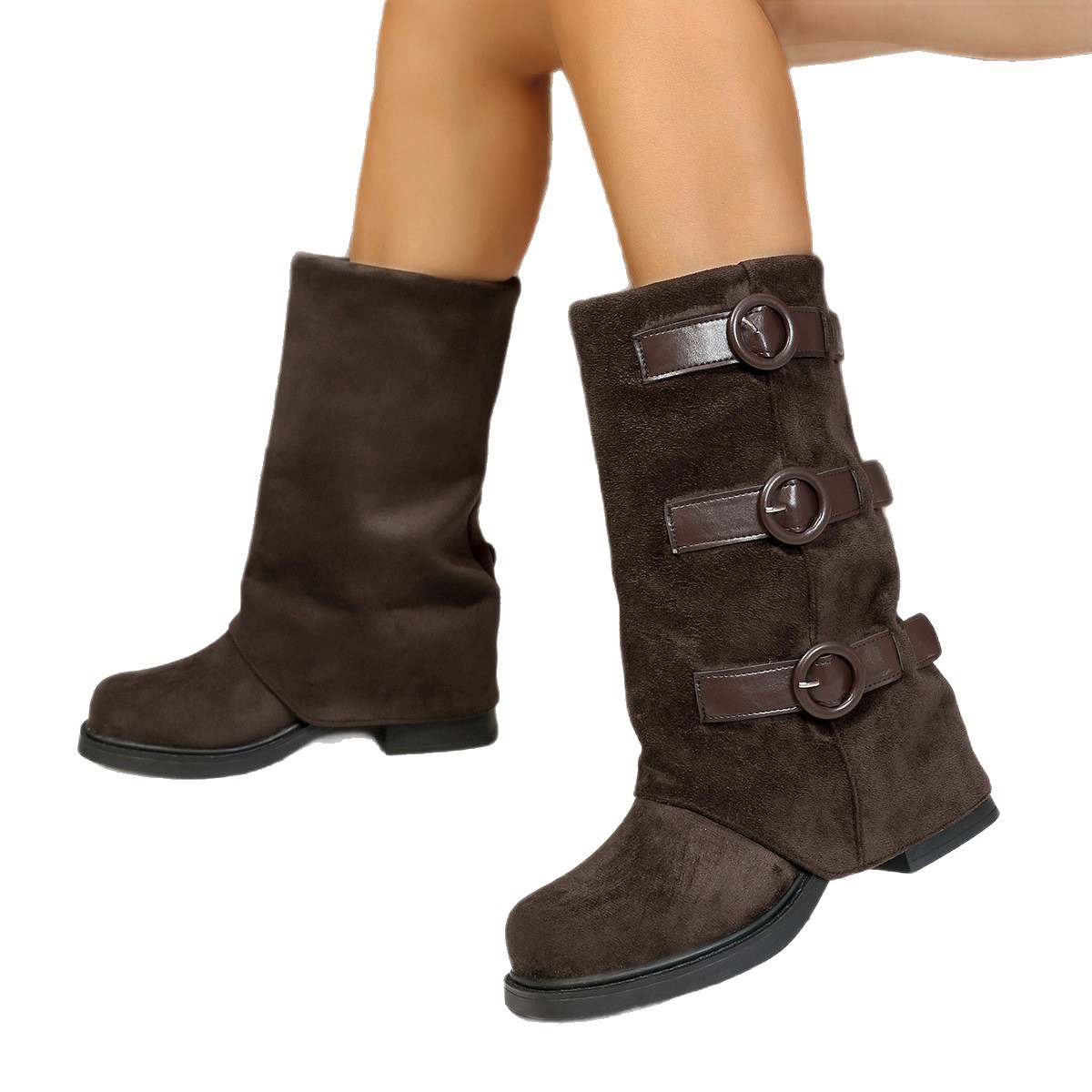 Vintage Suede Belt Buckle Pantyhose Boots foto 5