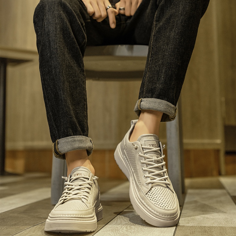 Autumn Hollow White Flat Shoes Men's Slip-on Genuine Leather foto 2