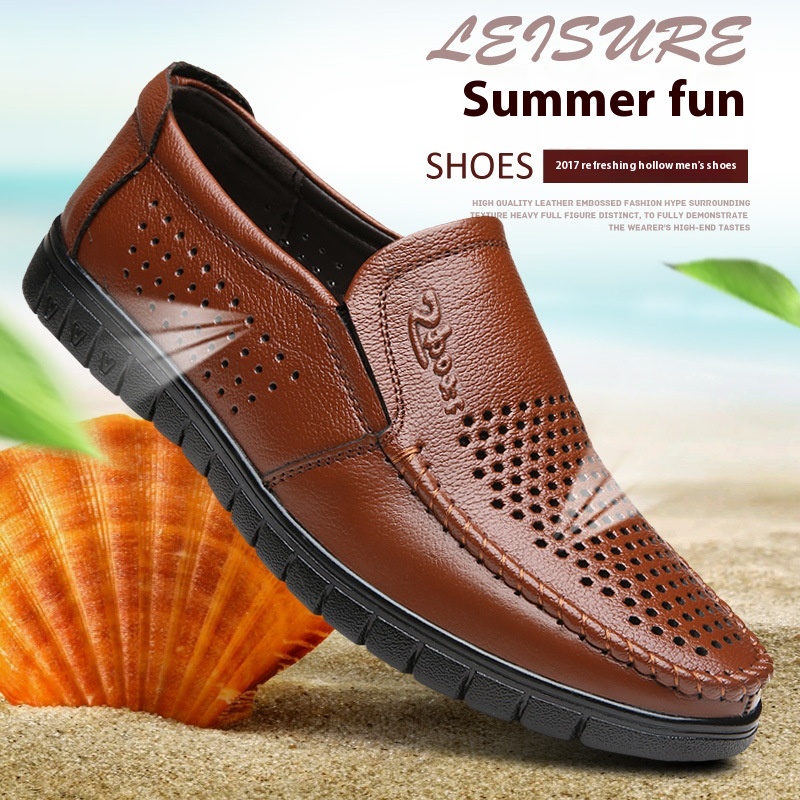 Breathable Hollow Hole Sandals Cowhide Middle-aged And Elderly Genuine Leather Soft Bottom Leather Shoes foto 5