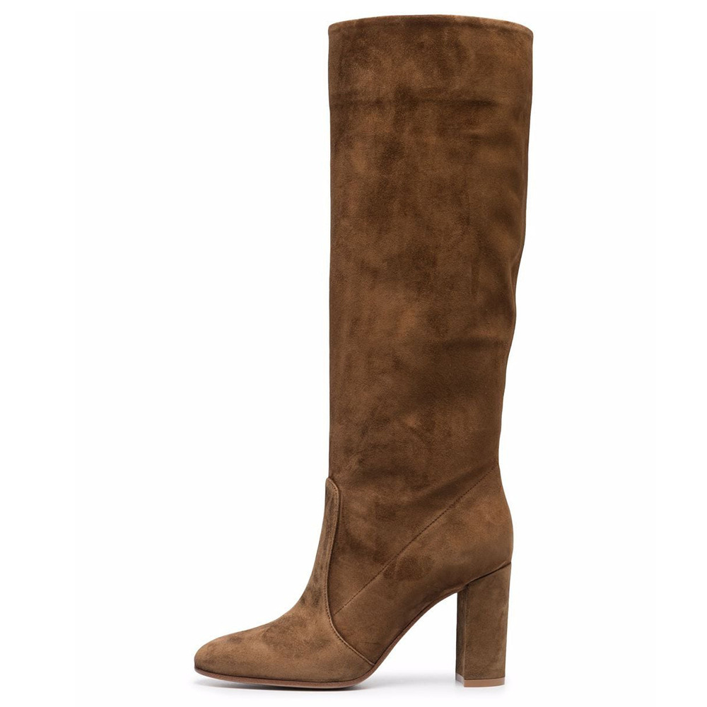 Suede Pleated High Heel Thick Heel Pointed Sleeve Boots foto 5