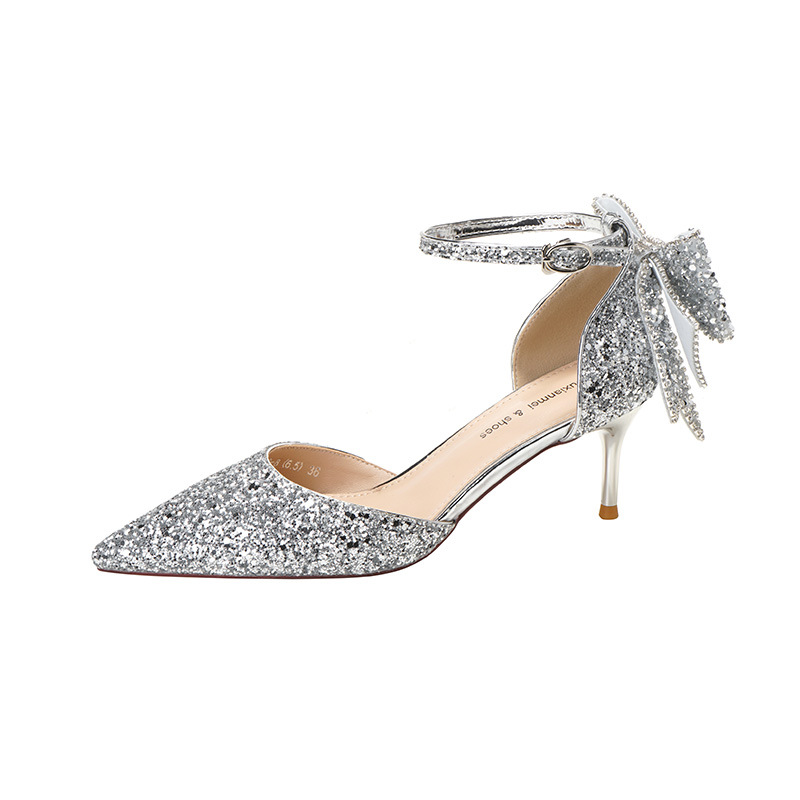 European And American Adult Banquet Sequined Bow Elegant Lady Fairy Buckle Closed Toe Women's High Heels foto 4